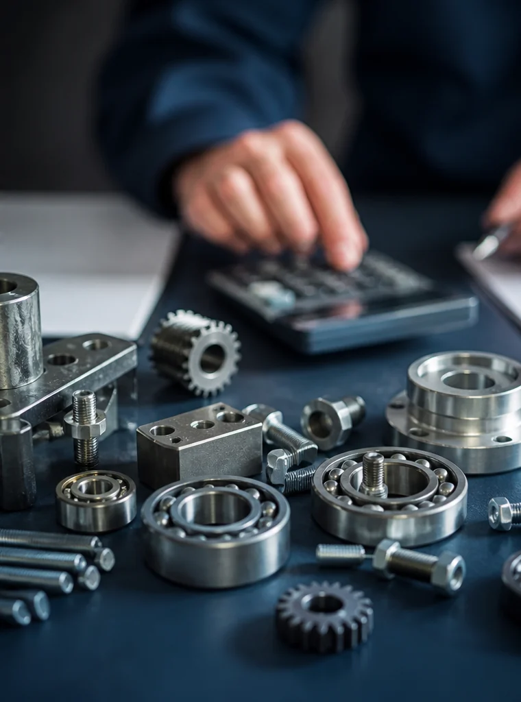 Precision metal components beside an analyst calculating costs.